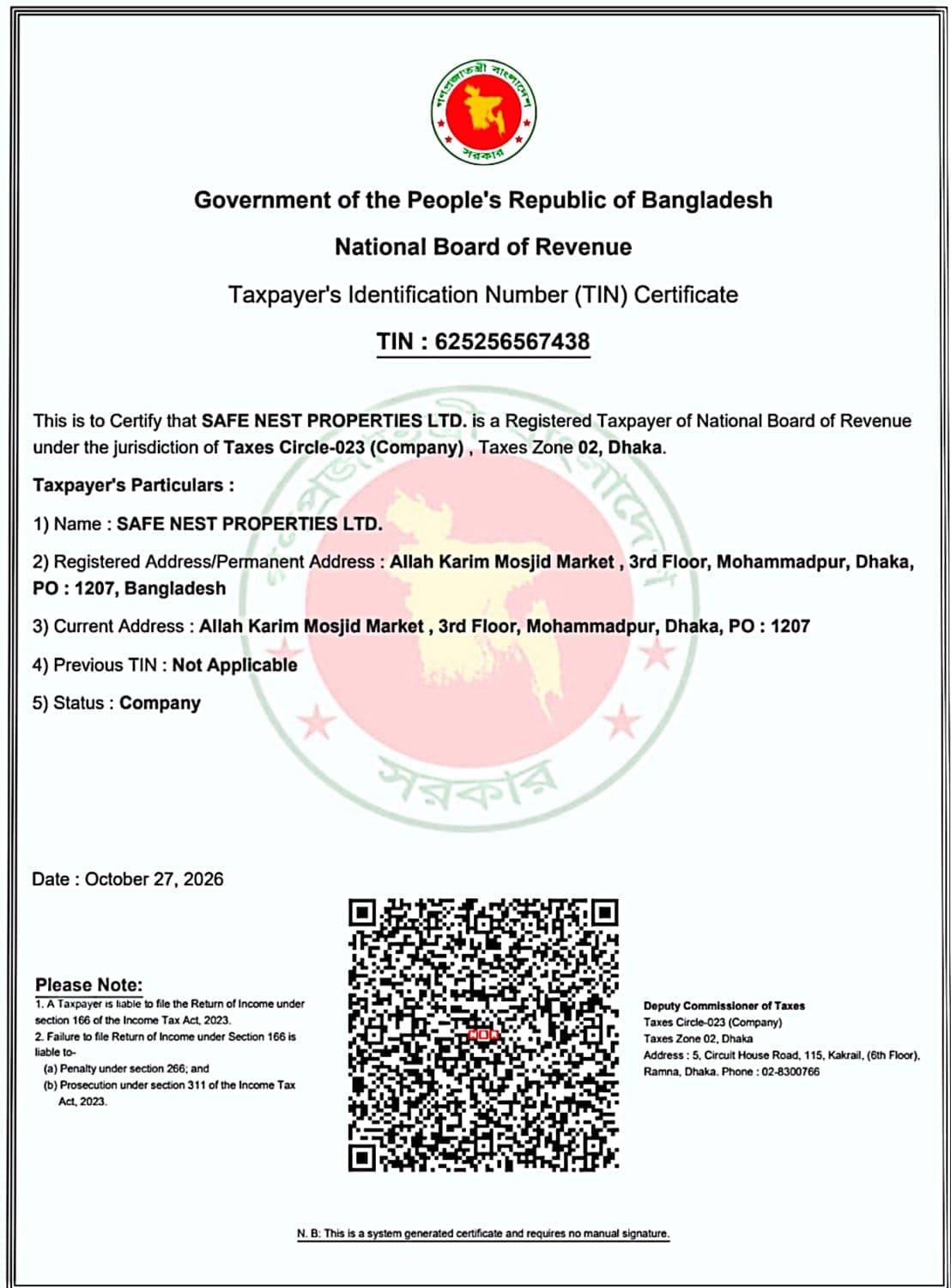 TIN Certificate - SafeNest Properties Ltd.